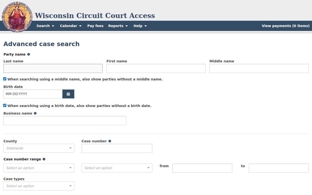 Walworth County docket search advanced WCCA filters