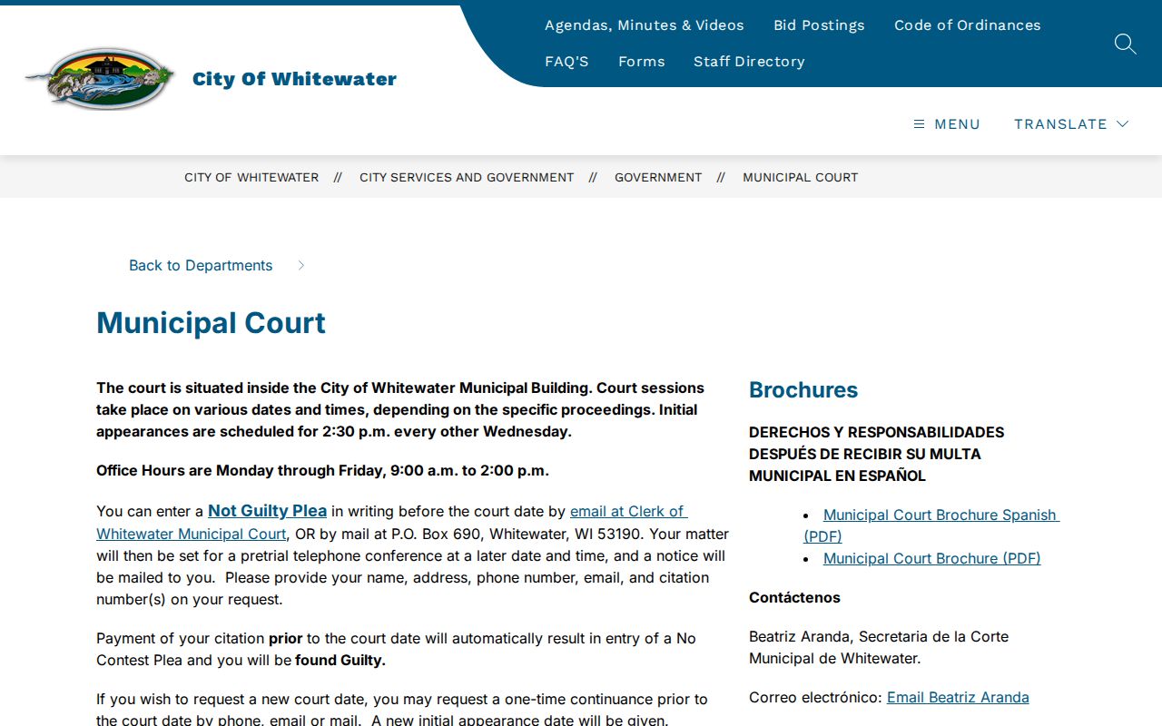 Whitewater court records information on the municipal court page