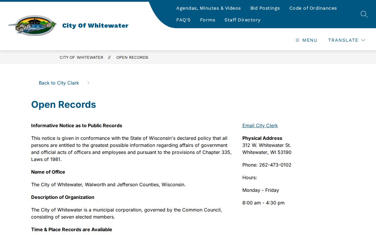 Whitewater court record request information from the city custodian