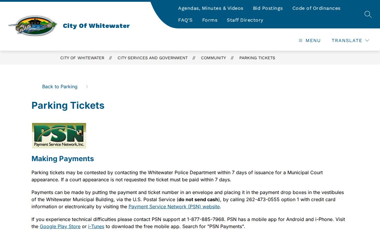 Whitewater court records source showing parking ticket deadlines