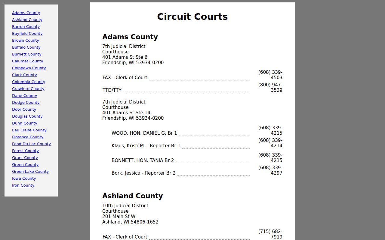Walworth County court docket state contact listing
